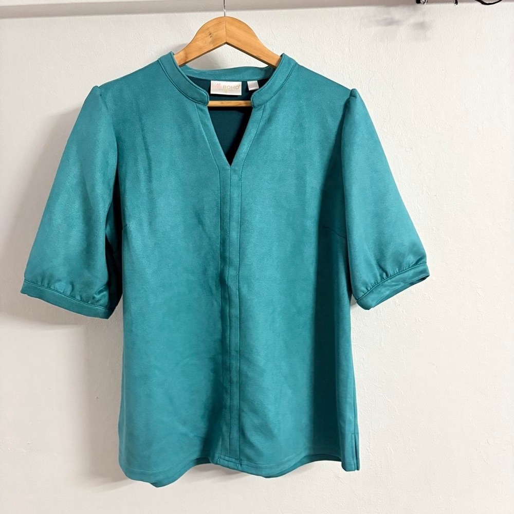 Kim Gravel Women's Shirt L Teal Faux Suede Puff Sleeves Boho Chic Quiet Luxury
